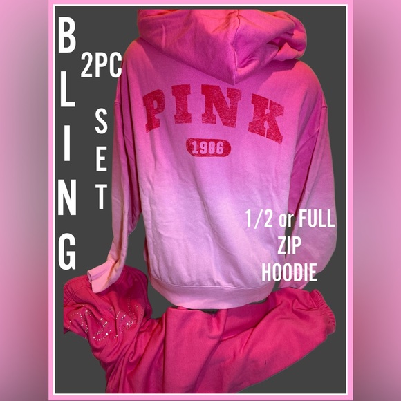 VICTORIAS SECRET PINK Hoodie and BLING Joggers Set BUBBLE GUM PINK XS~XXL NWT